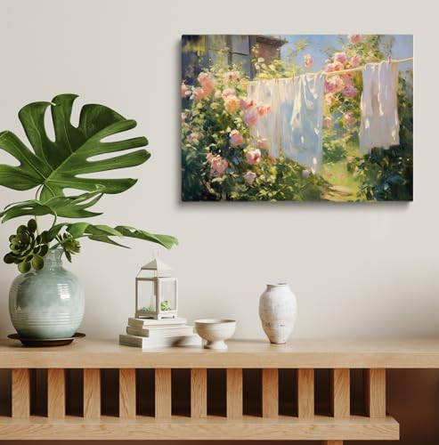 Laundry Room Wall Art - Vintage Pink Rose Garden Painting (12x16inch, Unframed)