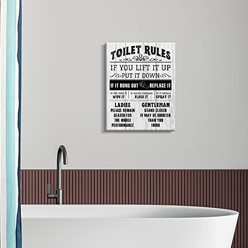 Vintage Toilet Rules Canvas Wall Art - Funny Black Sayings for Bathroom (12 x 15 inch)