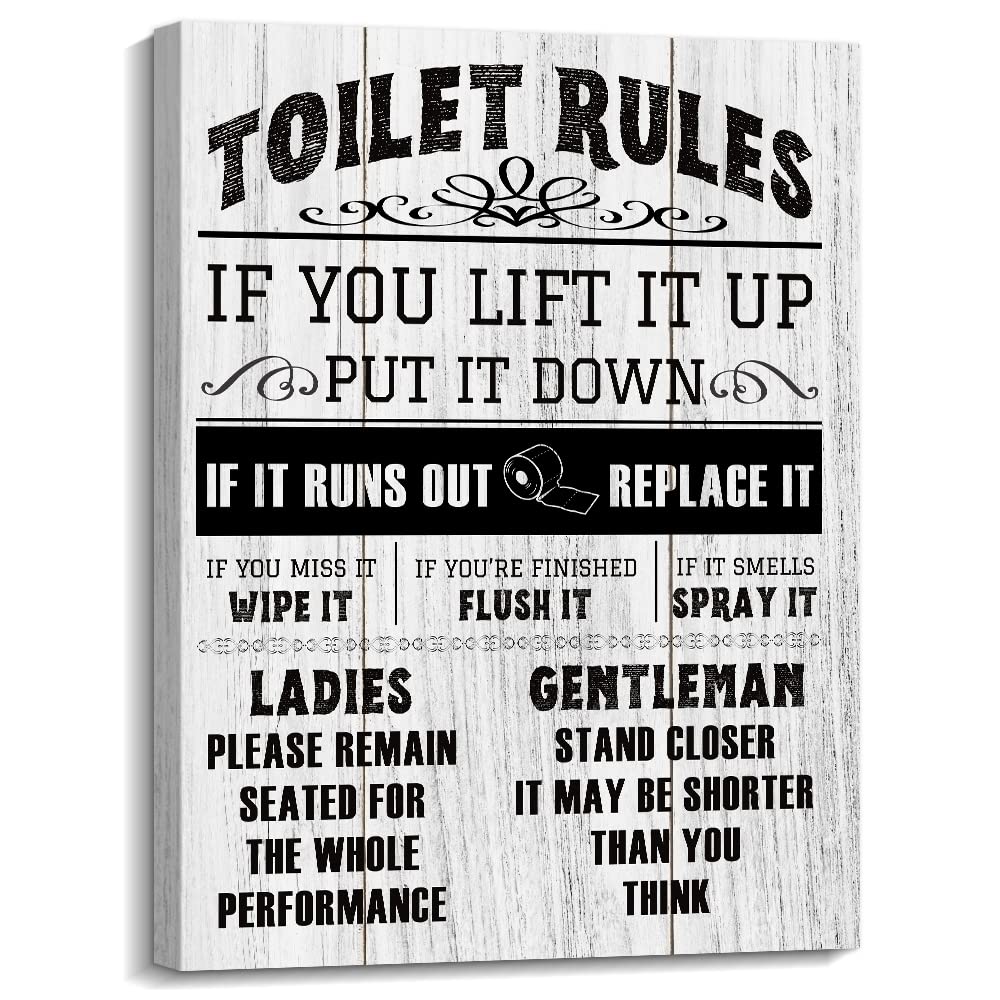 Vintage Toilet Rules Canvas Wall Art - Funny Black Sayings for Bathroom (12 x 15 inch)