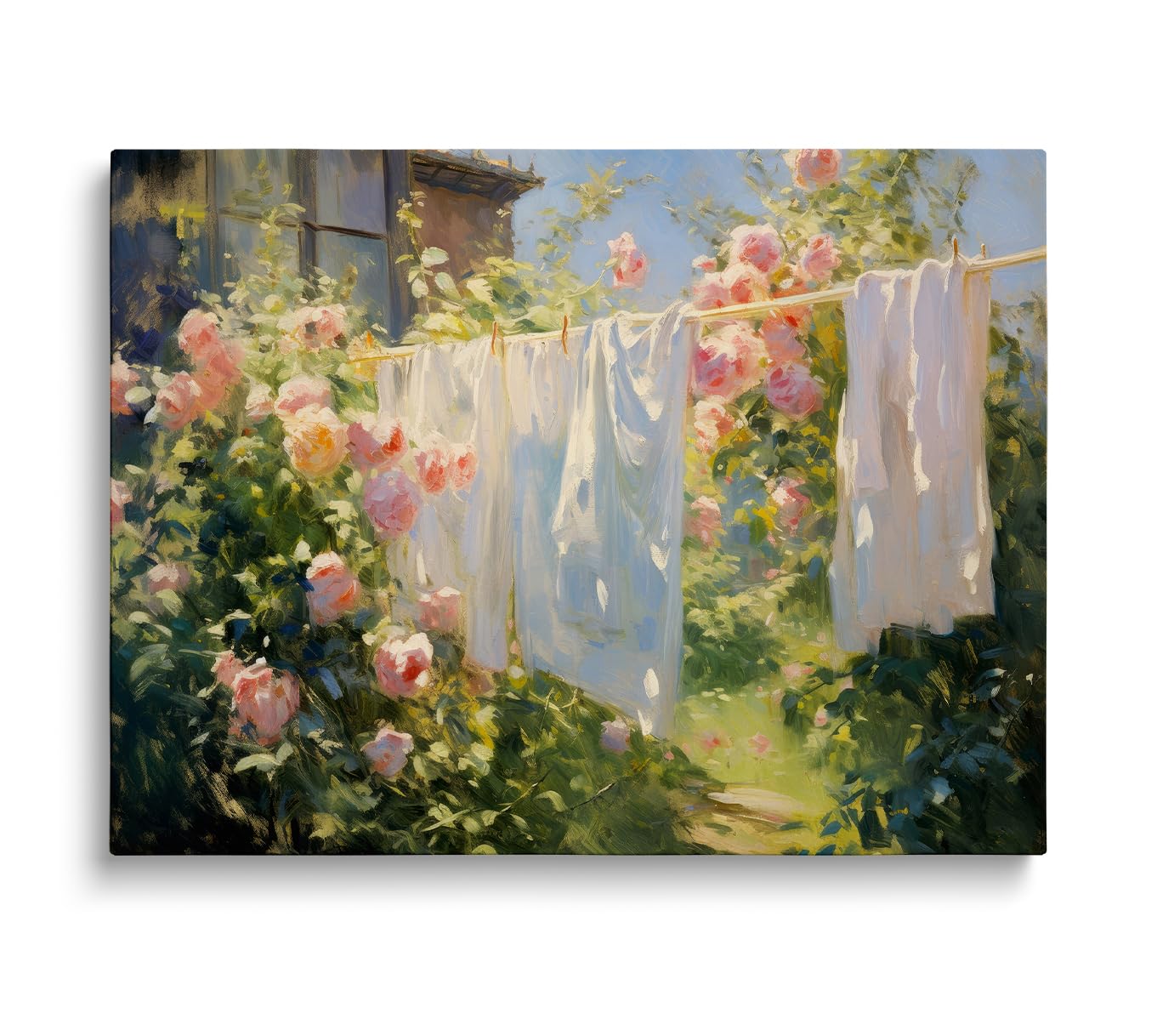 Laundry Room Wall Art - Vintage Pink Rose Garden Painting (12x16inch, Unframed)