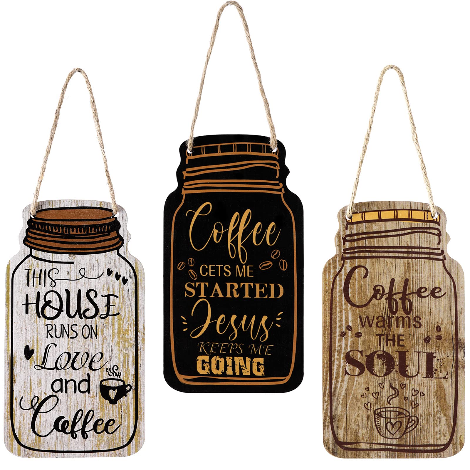 Farmhouse Coffee Bar Wall Decor - Mason Jar Signs Set of 3