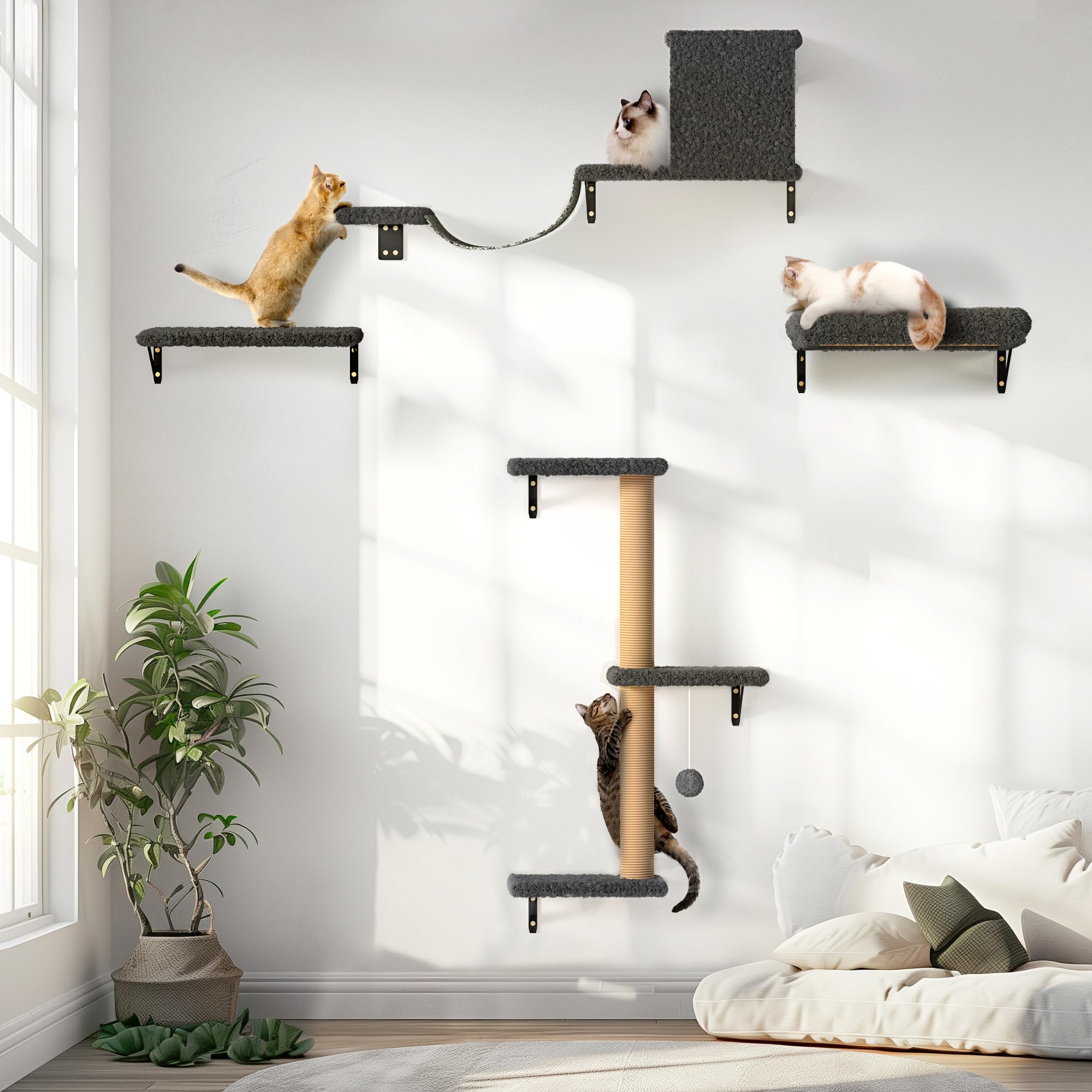 FUKUMARU Gray Wooden Cat Wall Shelves - Stable & Safe 16 Inch Climbing Furniture